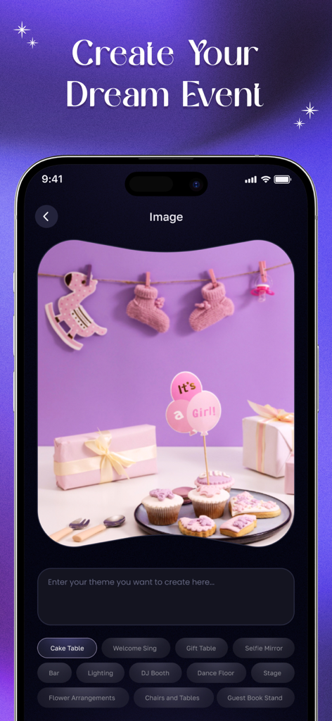 AI Event Designer: Venue Decor - A smartphone interface showing a pink baby shower event design with customization options for a cake table and gift table