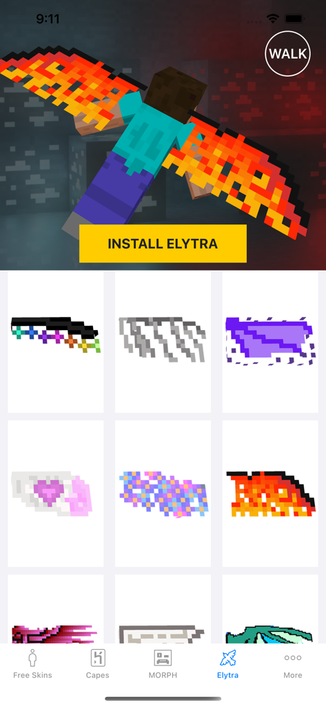 Minecraft character wearing fire wings with a selection of custom elytra designs