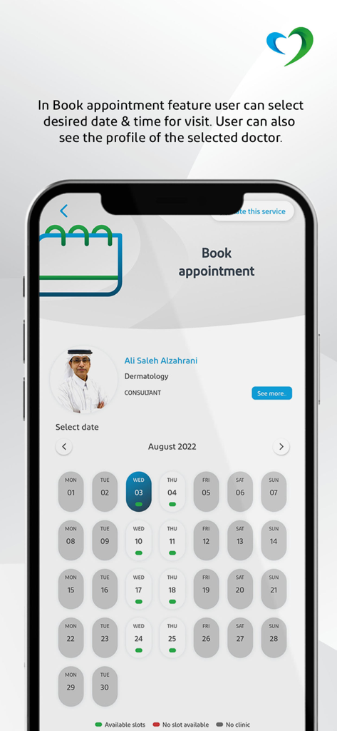 Saudi German Health - Saudi German Health app interface for booking a doctor appointment showing a calendar and consultant profile