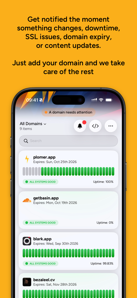 Plomer: Website Monitoring - Pantalla de iPhone que muestra el panel de la aplicación Plomer con el estado de tiempo de actividad del sitio web y monitorización de dominios.