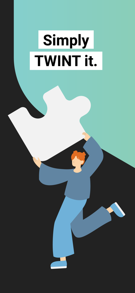 TWINT Business Portal - Grafik mit dem Text Simply TWINT it und einer Illustration einer Frau, die ein Puzzleteil hält