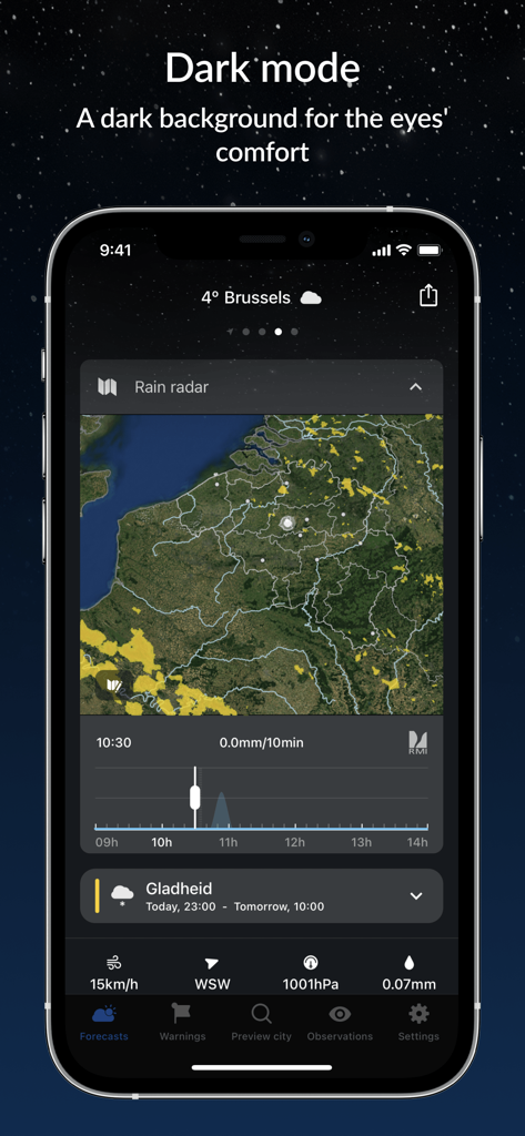 Interfaz de la aplicación meteorológica KMI-IRM en modo oscuro que muestra un mapa de radar de lluvia para Bélgica