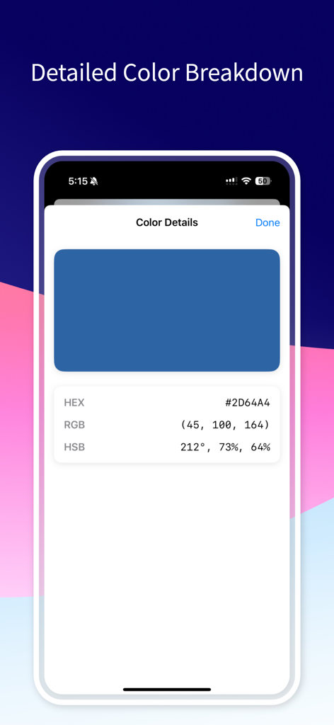 HueMate – Color Extractor - Ein mobiler Bildschirm, der die detaillierte Farbbeschreibung einschließlich HEX-, RGB- und HSB-Werten für einen bestimmten Blauton zeigt.