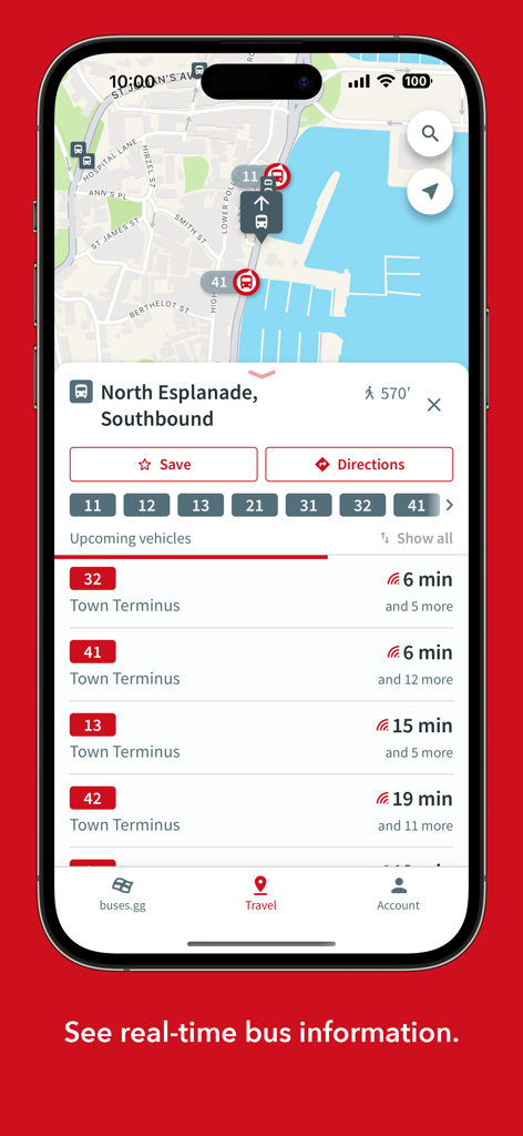 Buses gg - Buses.gg mobile app interface showing real-time bus arrival times and a map with live bus locations in Guernsey
