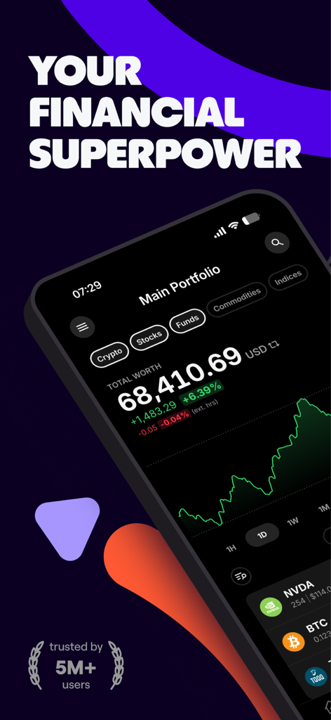 Delta by eToro - Interface de l'application mobile Delta par eToro affichant un portefeuille d'investissement multi-actifs avec des graphiques de prix en temps réel et la valeur totale