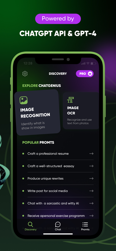 Chat Genius- Ask AI ChatBot - Chat Geniusアプリのインターフェースに、画像認識、OCR機能、および人気のあるAIプロンプトのリストが表示されています