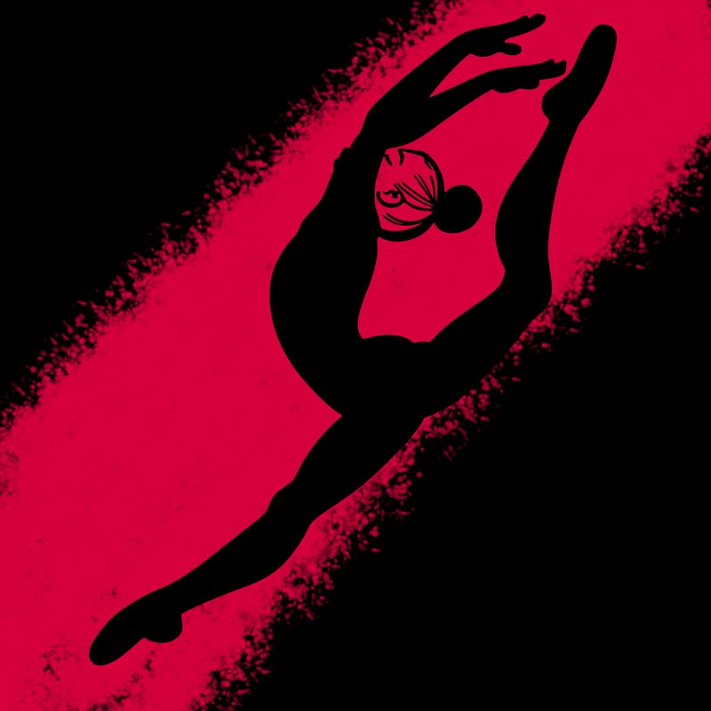 gymnast doing a leap in a leotard with a bent back leg