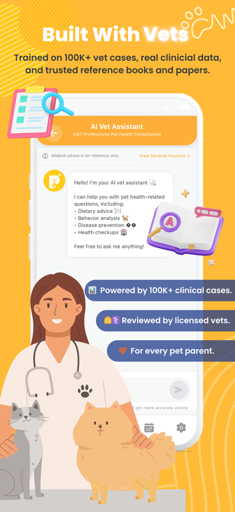 Petalife App KI Tierarztassistent Chat-Oberfläche mit Illustrationen von Tierärzten und Haustieren