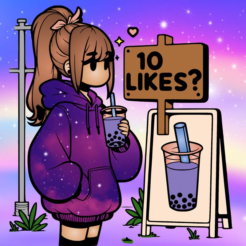 girl with oversized hoodie drinking boba and she has a high ponytail with a sign that says 10likes?