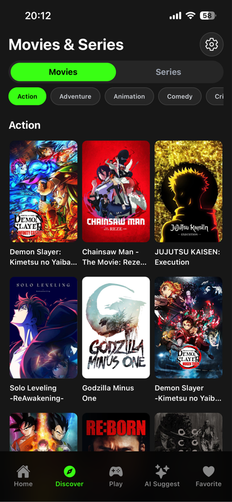 Zorox : Anime Movies & Quizzes - Zorox app interface showing the discovery tab with a collection of popular action anime movies including Demon Slayer and Chainsaw Man.