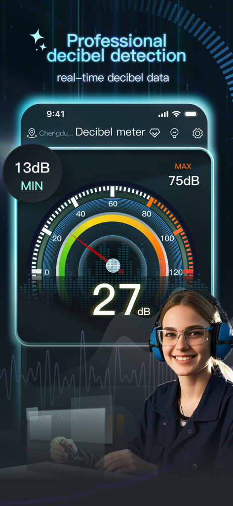 실시간 사운드 레벨 감지 및 노이즈 보호 헤드폰을 착용한 사람이 있는 전문 데시벨 미터를 보여주는 스마트폰 인터페이스