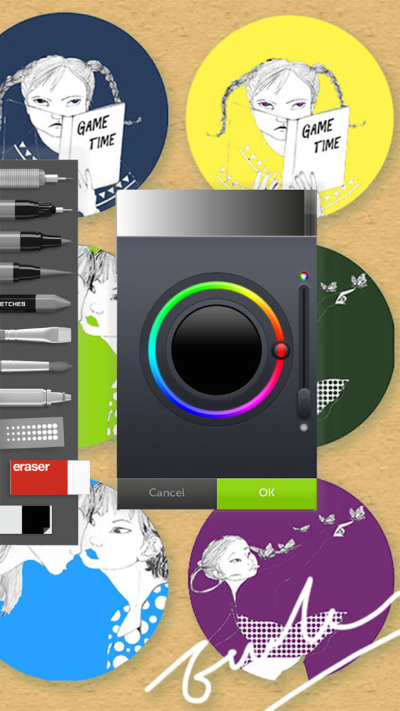 Sketch Art - Draw, Paint & Doodle - Interfaz de usuario de la app Sketch Art mostrando un selector de color circular y una barra lateral de herramientas de dibujo sobre una galería de bocetos
