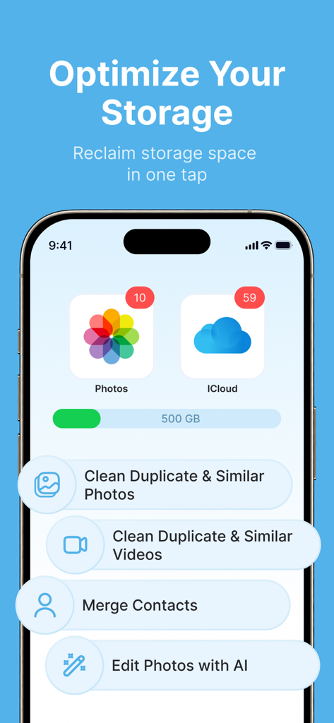 CleanerApp - ai clean storage - CleanerApp interface showing storage optimization options including cleaning duplicate photos and videos, merging contacts, and AI photo editing.