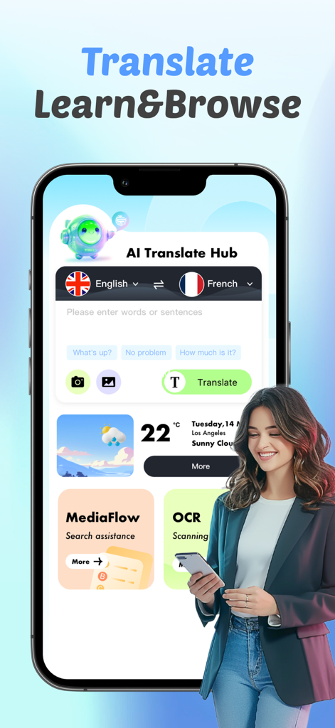AI Translate Hubモバイルアプリのインターフェース。言語学習者向けのテキストおよび画像翻訳ツールが特徴