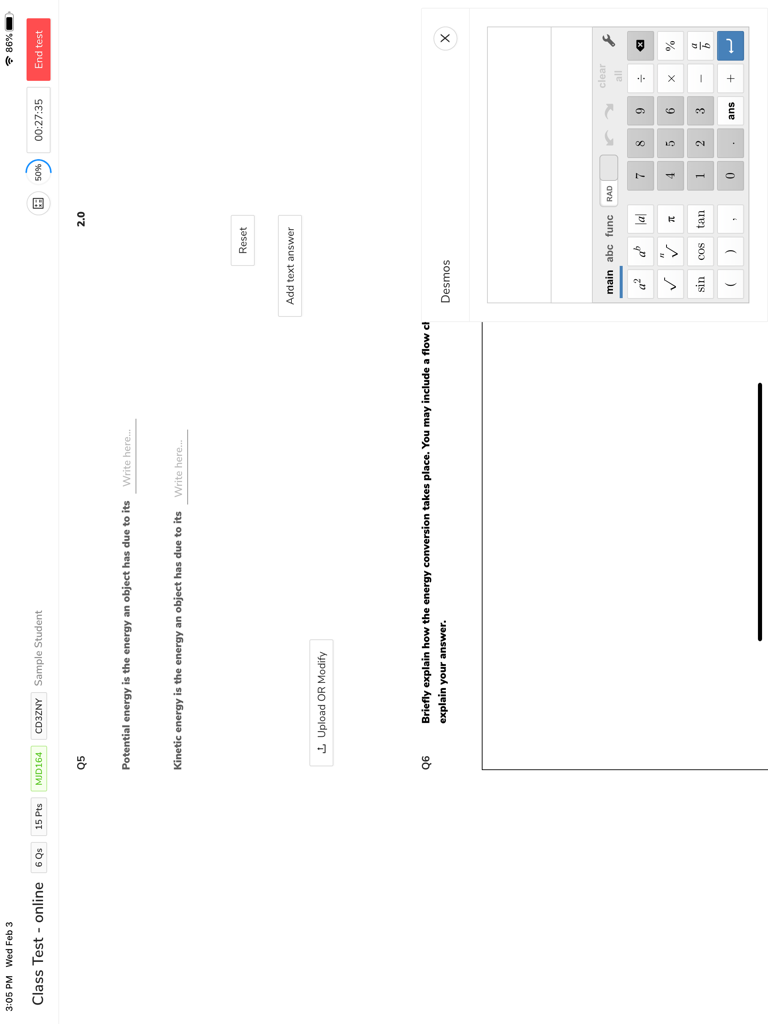 AssessPrep 앱에서 물리학 문제와 수학 도구가 포함된 온라인 과학 시험의 학생 보기