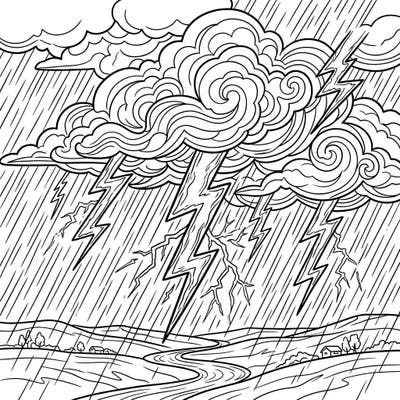 Dive into the electrifying drama of a sudden thunder storm with this dynamic coloring page. Capture the raw energy of lightning bolts and torrential rain as you bring this powerful natural event to life with your favorite colors.