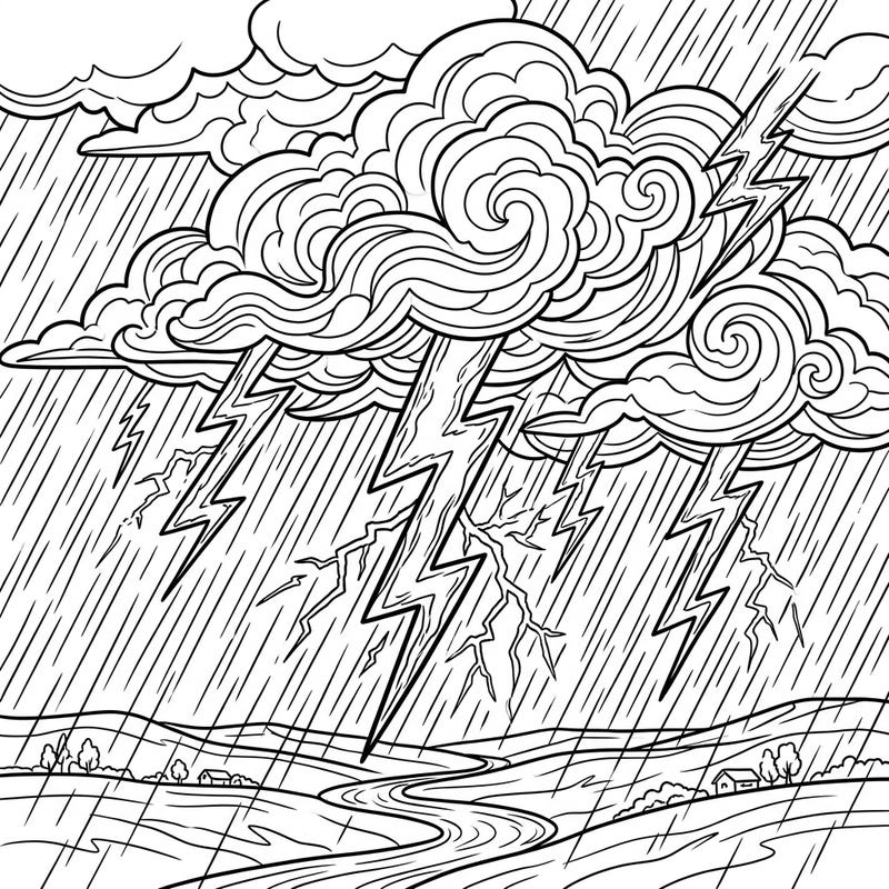 Dive into the electrifying drama of a sudden thunder storm with this dynamic coloring page. Capture the raw energy of lightning bolts and torrential rain as you bring this powerful natural event to life with your favorite colors.