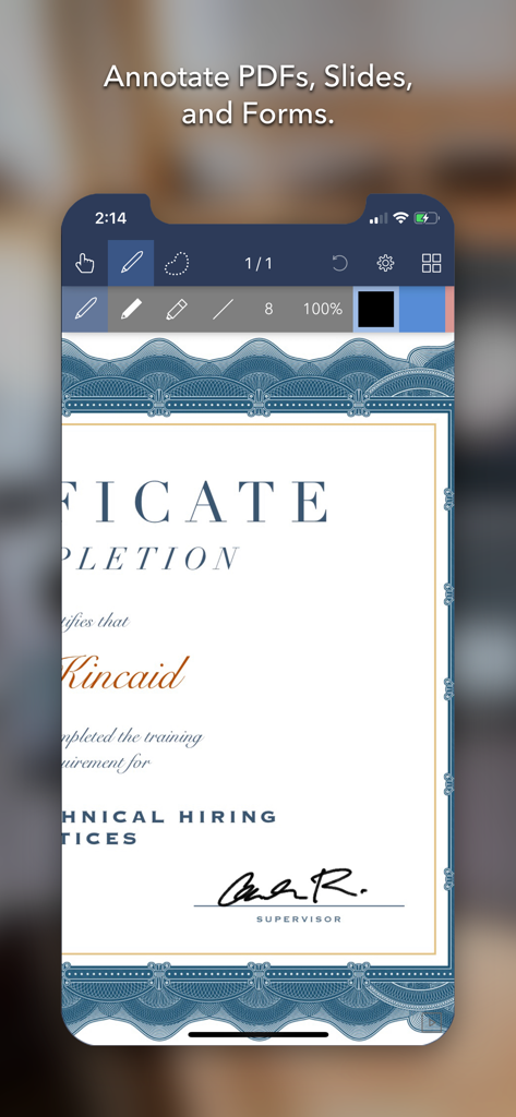 Noteflow+ Digital Notebook - iPhone screen showing a certificate being annotated in the Noteflow plus app