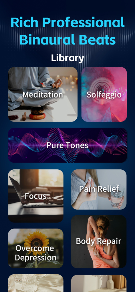 Binaural Beats: Sleep & Focus - Interfaz de la aplicación Binaural Beats que muestra una rica biblioteca de categorías que incluyen meditación, concentración y alivio del dolor.