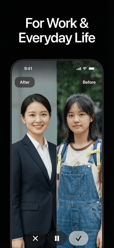 Comparación lado a lado de una foto casual transformada en un retrato profesional de negocios usando IA de Bananai