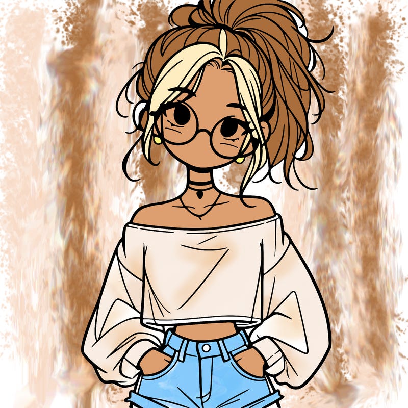 girl with a messy ponytail glasses a baggy crop top and jean shorts
