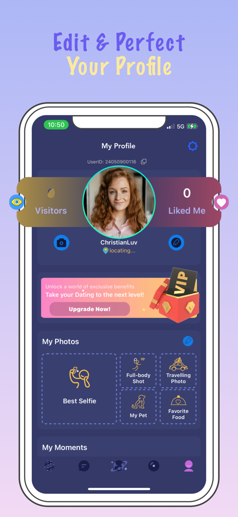 Christian Dating app - CMeet - Mobile app interface showing the profile editing screen for a Christian dating app with photo placeholders and user statistics
