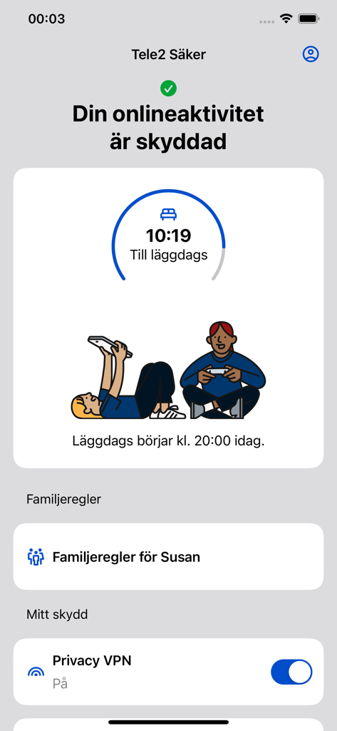 Tele2 Saker app screen showing family rules and bedtime timer for child protection