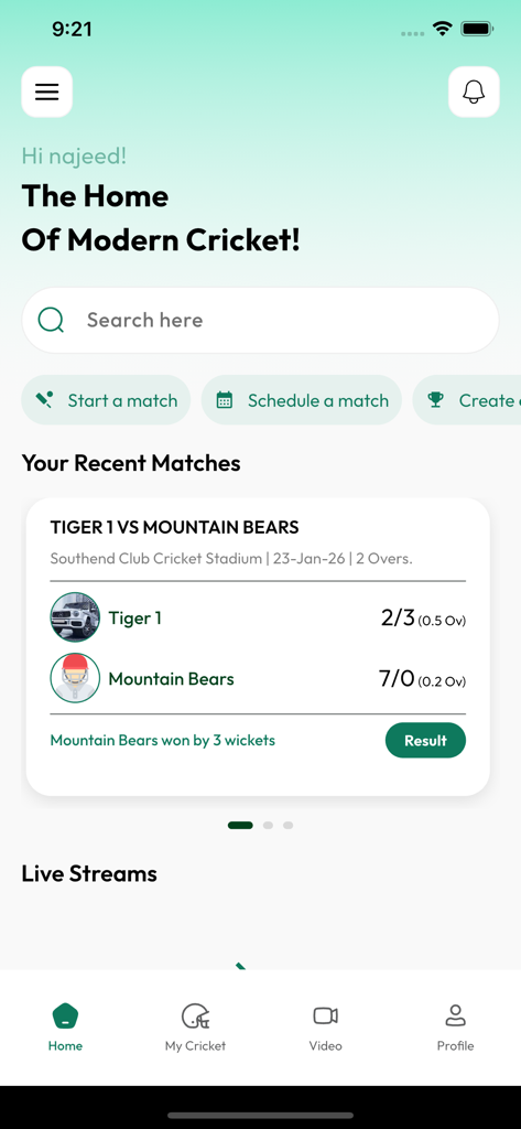 CricPR - Digital Cricket Hub - Tableau de bord de l'application CricPR montrant les résultats des matchs de cricket récents et les options de pointage