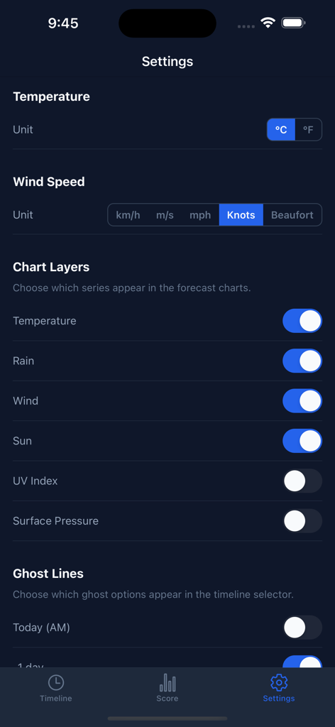 VeriSky - VeriSkyアプリの設定画面、気温と風速の単位選択、データチャートレイヤーのトグルを表示
