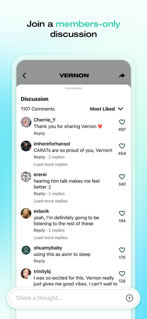 MINDSET by DIVE Studios - A mobile app interface displaying a members only discussion thread about celebrity wellness stories