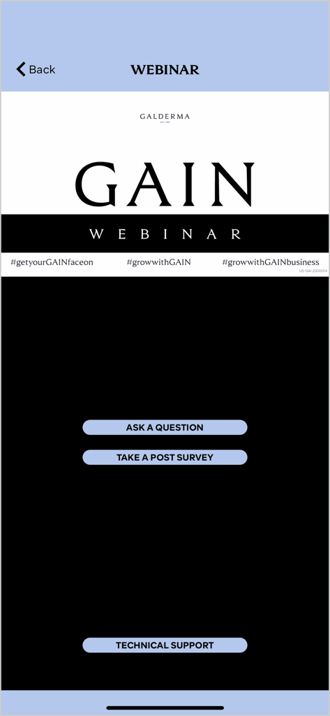 Galderma GAIN app - Interface do webinar do aplicativo Galderma GAIN com botões interativos para fazer perguntas, participar de pesquisas e obter suporte técnico.