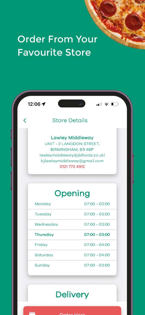 Big Johns - A mobile screen showing the store location details and weekly opening hours for a Big Johns restaurant