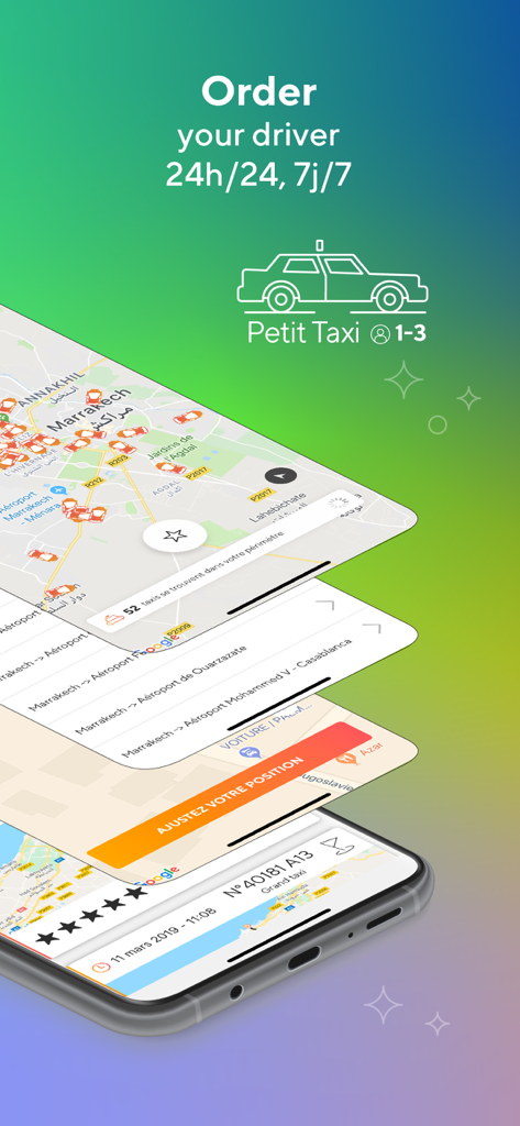 Smartphone interface of the roby taxi app showing ride booking features and maps of Marrakech