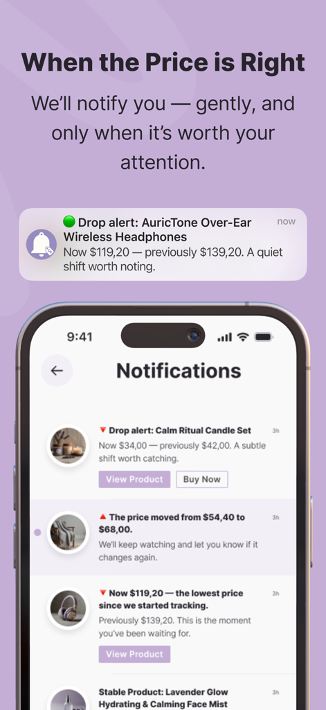 Whisprice app notifications screen displaying price drop alerts and price history updates for headphones and candles