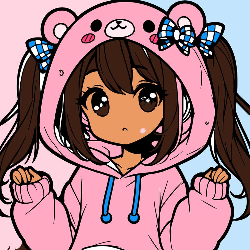 cute anime girl with ponytails and a cute bear hoodie