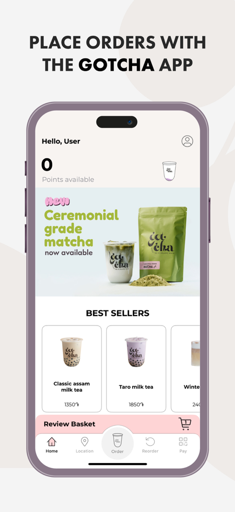 Gotcha boba bar - Pantalla de inicio de la aplicación móvil Gotcha boba bar que muestra los más vendidos y las recompensas