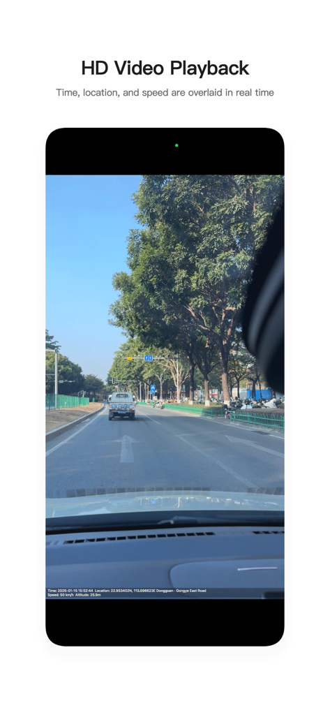 Lutuji dash cam app interface showing HD video playback with real time GPS location and speed data overlay