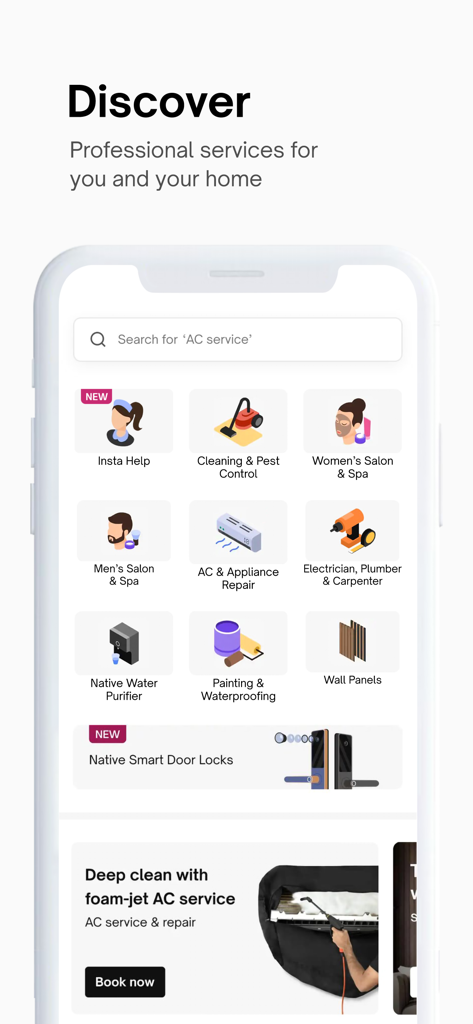 Urban Company (Prev UrbanClap) - Urban Company app interface showing categories for home services like cleaning beauty salon and repairs