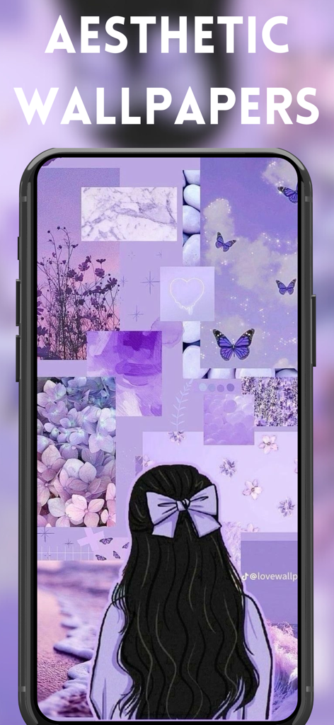 Aesthetic Live Wallpapers - Colagem de papel de parede estético roxo no iPhone com uma garota com laço, borboletas e elementos florais