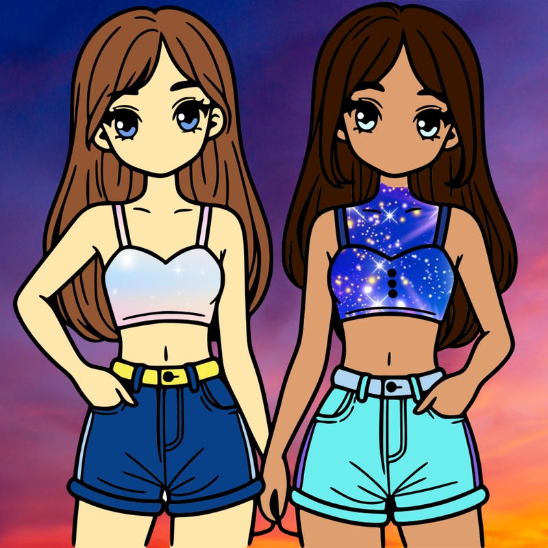 two sisters with crop tops and jean shorts and straight hair