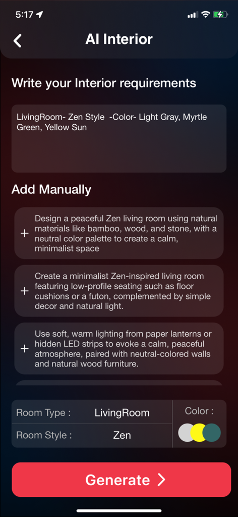 Home AI : AI Interior Design - Home AI app interface for setting room type and style requirements