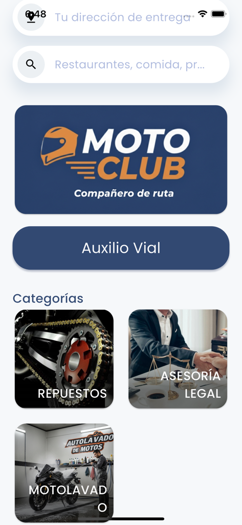 Moto Club - Moto Club app home screen featuring buttons for roadside assistance, spare parts, legal advice, and motorcycle washing services.