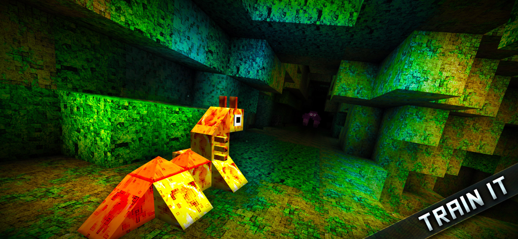 Voxel monster in a blocky cave with the text Train It