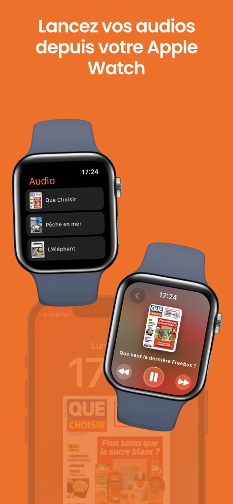 Die MyViapresse App-Oberfläche auf der Apple Watch zeigt Steuerelemente für die Audiowiedergabe von Magazinen