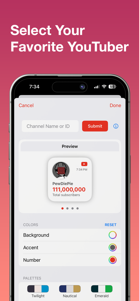 SubWidget - Widget for YouTube - Interface of the SubWidget app showing how to select a YouTube channel and customize the appearance of the subscriber count widget.