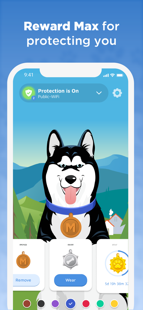 Phone Guardian app interface showing Max the Husky and protection rewards