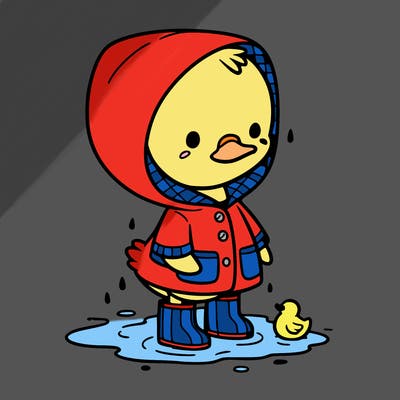 baby duck in a rain coat and boots, in a puddle while it’s raining