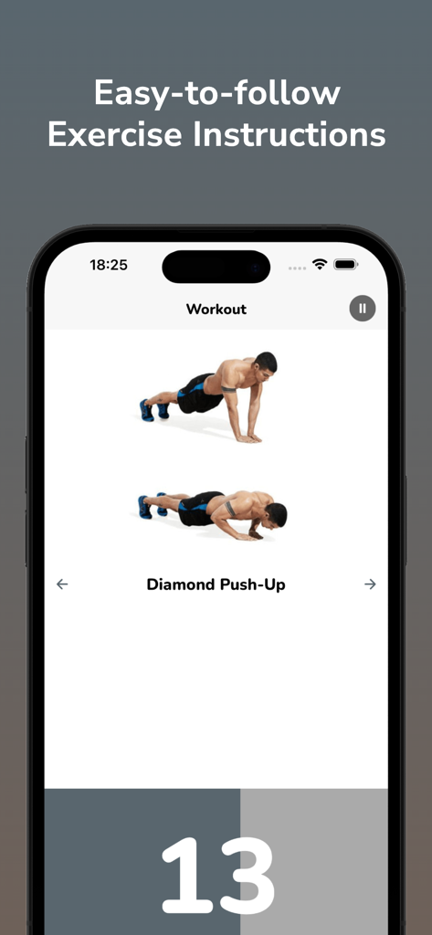 A mobile app screen showing diamond push-up exercise instructions with visual demonstrations.