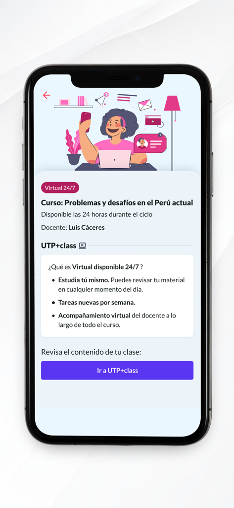 UTP Plus app interface displaying details for a 24/7 virtual course with a button to enter the online class