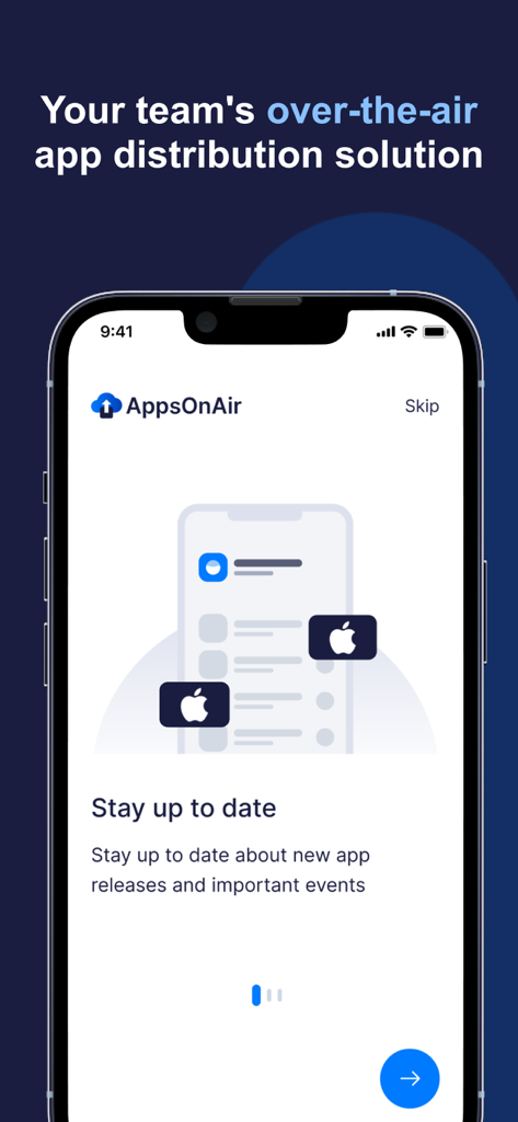 AppsOnAir - AppsOnAir app onboarding screen highlighting over-the-air app distribution solutions for mobile developers